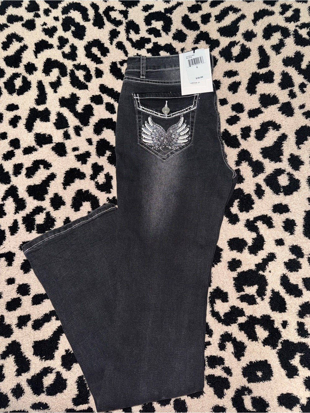 Forever 21 Black Embellished Wing Pocket Flare Jeans